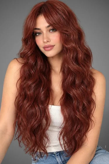 Reddish Brown Red Long Wavy Synthetic Wig with Bangs – Cosplay & Party Wig