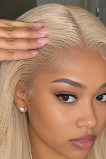 613 Honey Blonde HD Lace Front Wig 150% Density - close-up of honey blonde hairline and natural-looking HD lace