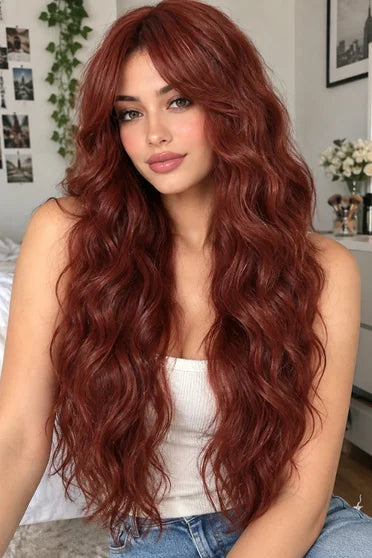 Reddish Brown Red Long Wavy Synthetic Wig with Bangs – Cosplay & Party Wig
