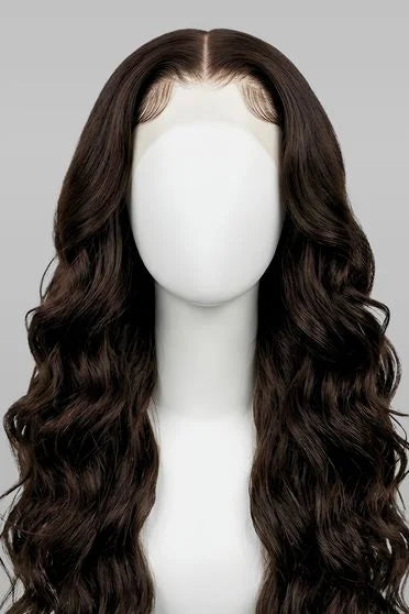 Brown wavy wig on a mannequin head against a gray background