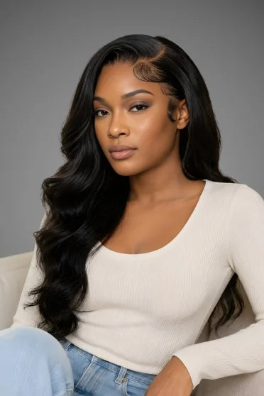 13x4 Natural Black Body Wave Lace Frontal Wig – Crown Strand, front view