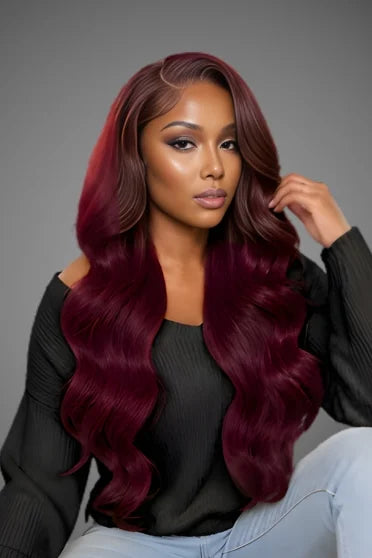 13x6 HD Lace Burgundy Human Hair Blend Wig – Crown Strand, front view