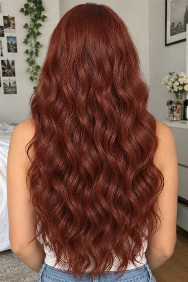 Reddish Brown Red Long Wavy Synthetic Wig with Bangs – Cosplay & Party Wig