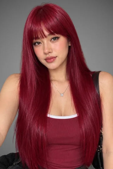 Generic Long Light Wine Red Straight Wig (With Bangs)