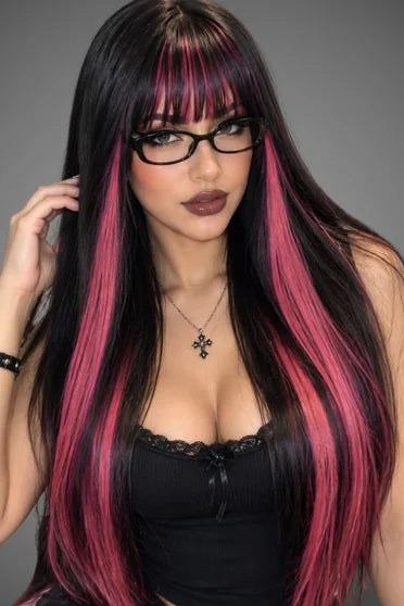 Black Red Pink Highlight Straight Wig with Bangs – Gothic Cosplay Wig