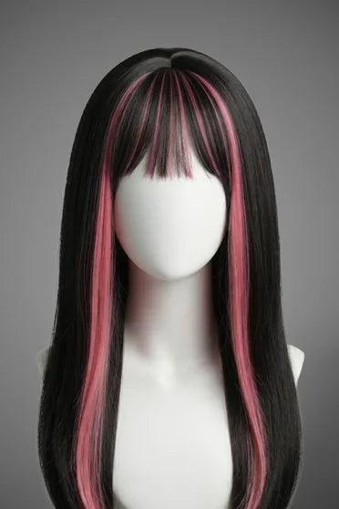 Black Red Pink Highlight Straight Wig with Bangs – Gothic Cosplay Wig