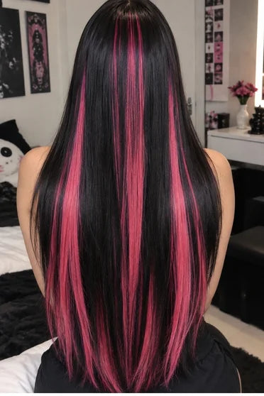 Black Red Pink Highlight Straight Wig with Bangs – Gothic Cosplay Wig