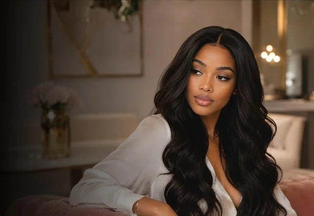 Woman with wavy human hair wig styled in a soft indoor setting - Radiant Reinvented banner