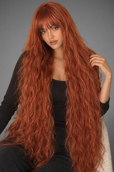 Generic Super Long Copper-Red Wavy Cosplay Wig (With Bangs)