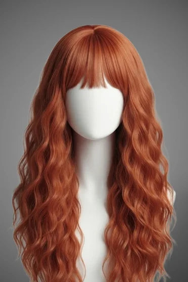 Generic Super Long Copper-Red Wavy Cosplay Wig (With Bangs)