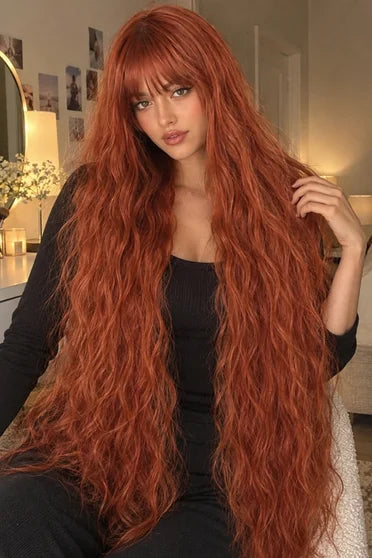 Generic Super Long Copper-Red Wavy Cosplay Wig (With Bangs)