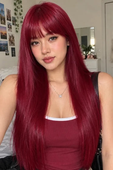 Generic Long Light Wine Red Straight Wig (With Bangs)