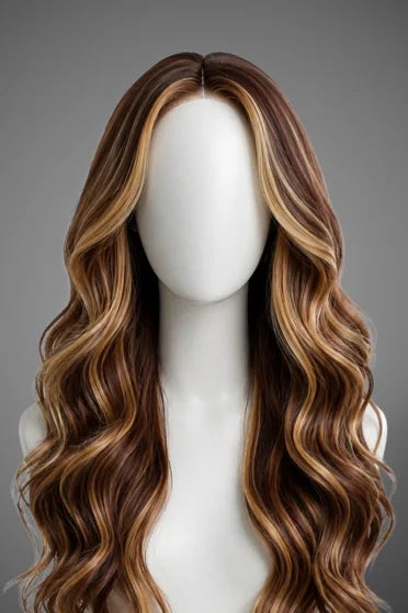4/27 Honey Blonde Ombre Body Wave HD Lace Frontal Wig - long wavy ombre wig with brown and honey blonde highlights on mannequin head