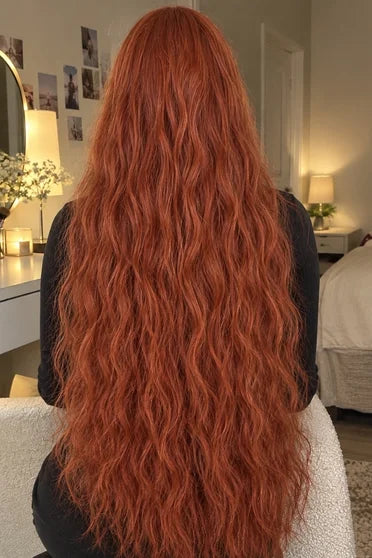 Generic Super Long Copper-Red Wavy Cosplay Wig (With Bangs)