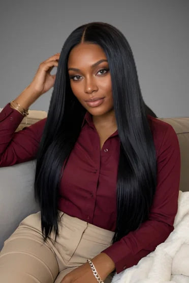 40 Inch Black Long Straight Party Wig - Crown Strand front view portrait