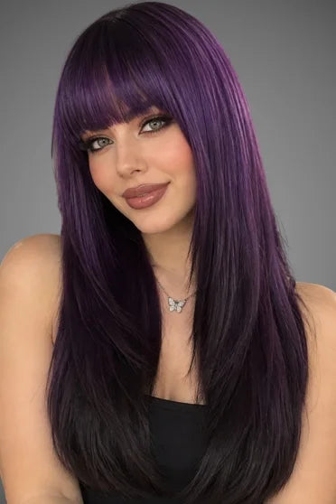Generic Long Straight Purple-to-Black Ombre Synthetic Wig (With Bangs)