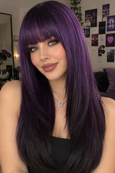 Generic Long Straight Purple-to-Black Ombre Synthetic Wig (With Bangs)