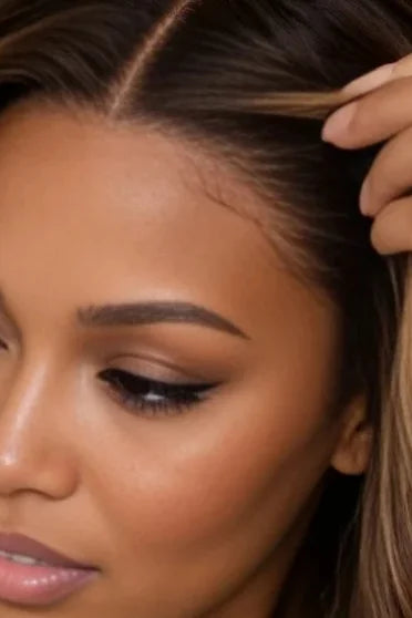 4/27 Honey Blonde Ombre Body Wave HD Lace Frontal Wig - close-up of natural hair part and HD lace with brown-to-blonde ombre color