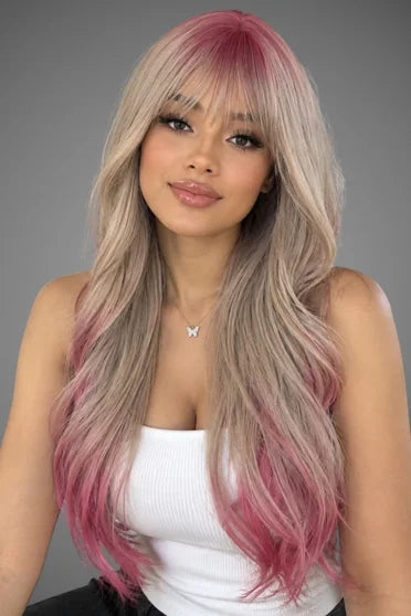 Generic Long Ash Blonde to Pink Ombre Wave Synthetic Wig (With Bangs)
