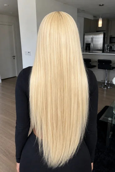 613 Blonde Straight 13x6 HD Lace Frontal Wig – Crown Strand, styled on model