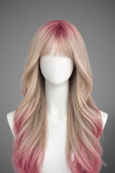 Generic Long Ash Blonde to Pink Ombre Wave Synthetic Wig (With Bangs)