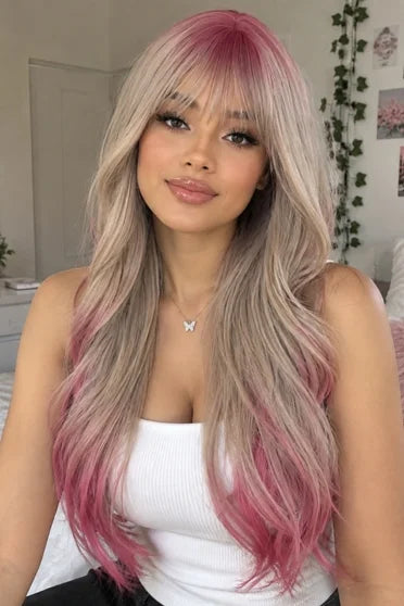 Generic Long Ash Blonde to Pink Ombre Wave Synthetic Wig (With Bangs)