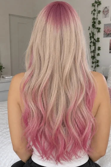 Generic Long Ash Blonde to Pink Ombre Wave Synthetic Wig (With Bangs)