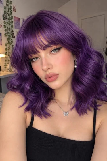 Generic Short Purple Wavy Bob Synthetic Wig (With Bangs)