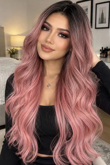 Generic Long Pink Wavy Synthetic Wig (Middle Part)