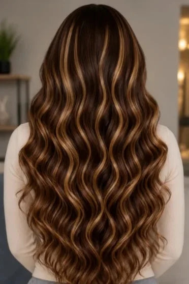 4/27 Honey Blonde Ombre Body Wave HD Lace Frontal Wig - back view of long wavy brown hair with honey blonde highlights