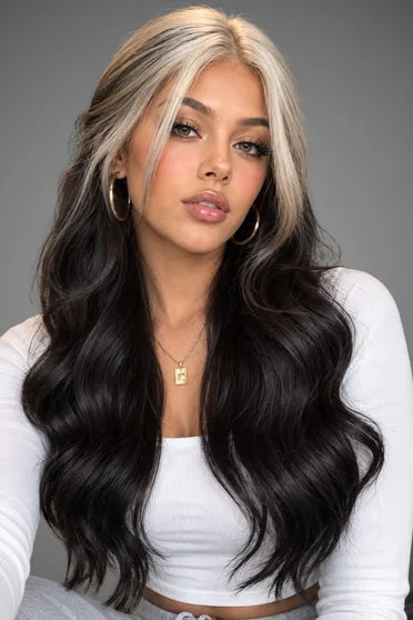 Generic Long Wavy Silver-Grey to Black Ombre Synthetic Wig (Middle Part with Curtain Bangs)
