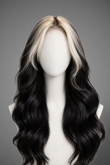 Generic Long Wavy Silver-Grey to Black Ombre Synthetic Wig (Middle Part with Curtain Bangs)