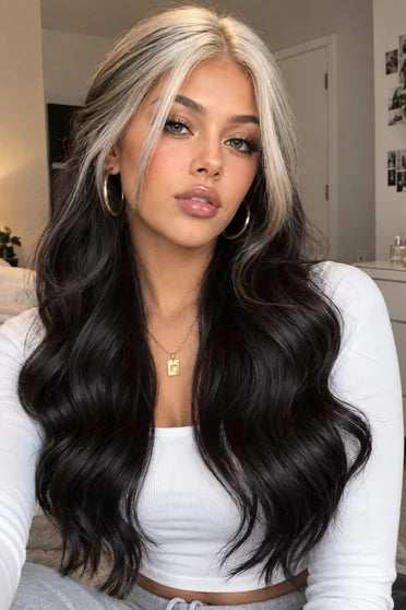 Generic Long Wavy Silver-Grey to Black Ombre Synthetic Wig (Middle Part with Curtain Bangs)