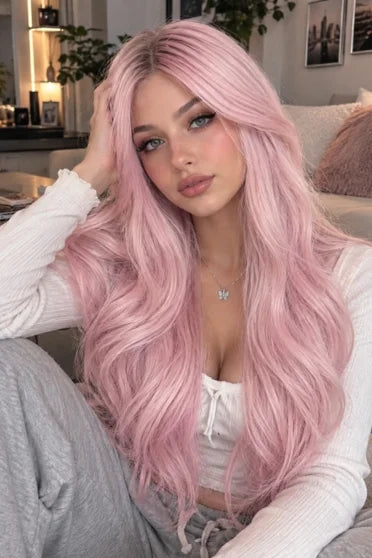 Generic Long Light Pink to Brown Ombre Wavy Synthetic Wig (With Bangs)