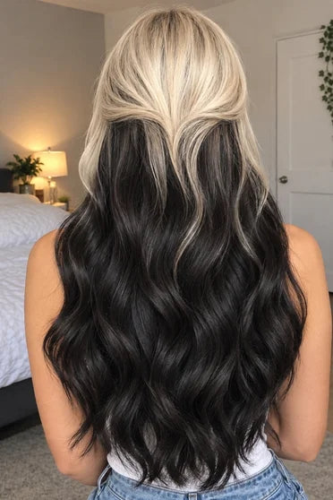 Generic Long Wavy Silver-Grey to Black Ombre Synthetic Wig (Middle Part with Curtain Bangs)