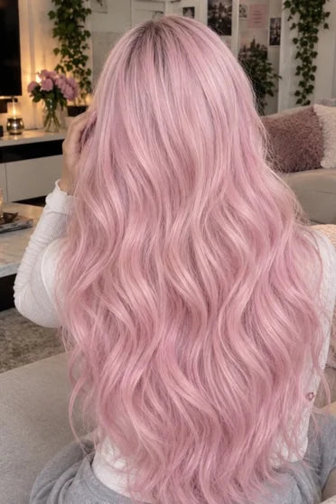 Generic Long Light Pink to Brown Ombre Wavy Synthetic Wig (With Bangs)