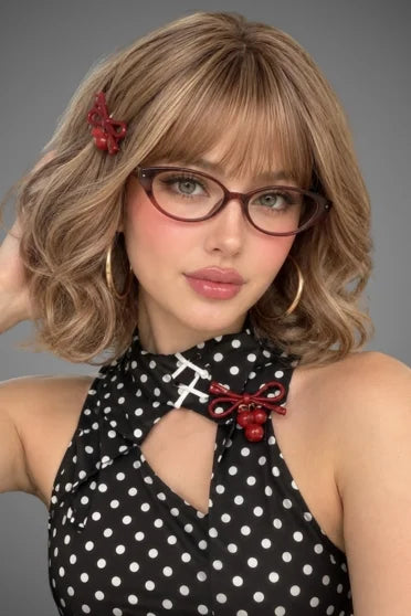Generic Short Brown with Blonde Highlights Wavy Bob Synthetic Wig (With Bangs)
