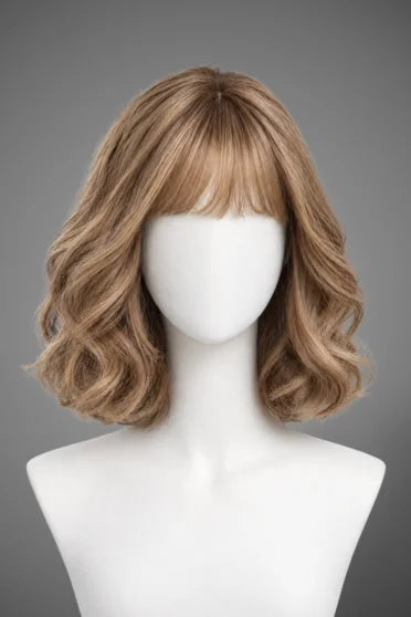 Generic Short Brown with Blonde Highlights Wavy Bob Synthetic Wig (With Bangs)