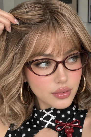 Generic Short Brown with Blonde Highlights Wavy Bob Synthetic Wig (With Bangs)