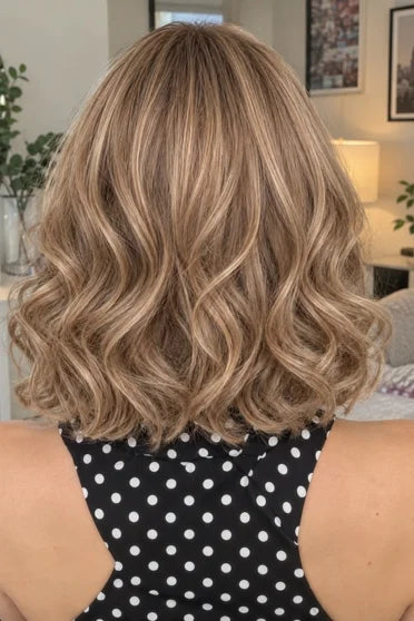 Generic Short Brown with Blonde Highlights Wavy Bob Synthetic Wig (With Bangs)
