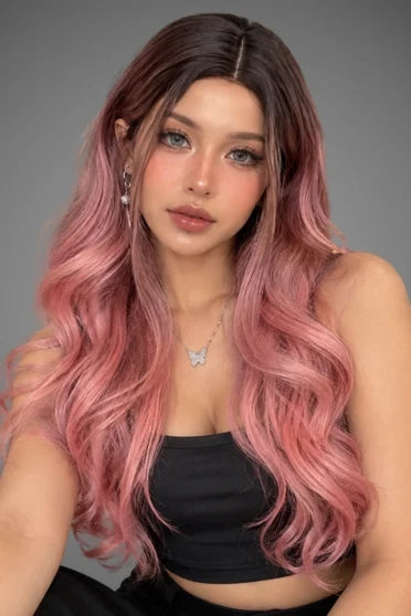 Generic Long Pink Ombre Wavy Synthetic Wig (Middle Part)