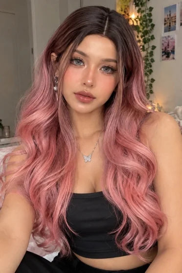 Generic Long Pink Ombre Wavy Synthetic Wig (Middle Part)