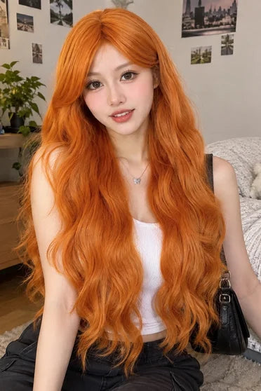 Generic Long Orange Water Wave Cosplay Wig (With Bangs)