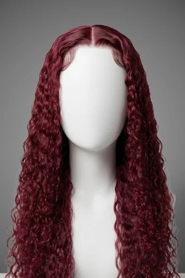 99J Burgundy Deep Wave 13x6 HD Lace Wig 220% Density – Crown Strand, back view