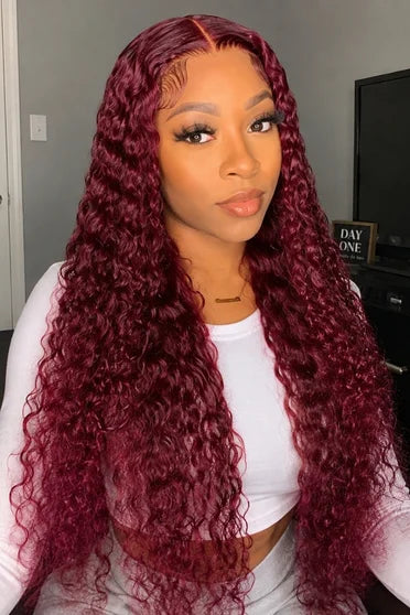 99J Burgundy Deep Wave 13x6 HD Lace Wig 220% Density – Crown Strand, side profile