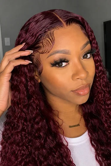 99J Burgundy Deep Wave 13x6 HD Lace Wig 220% Density – Crown Strand, HD lace hairline close-up