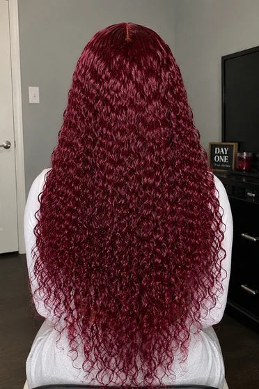 99J Burgundy Deep Wave 13x6 HD Lace Wig 220% Density – Crown Strand, styled on model