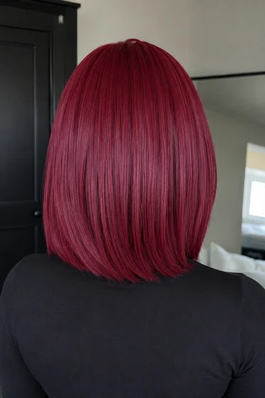 99J Burgundy Straight Short Bob 13x4 Lace Front Wig – Crown Strand, styled on model