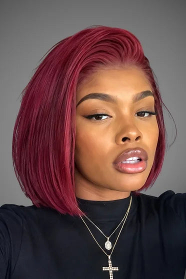 99J Burgundy Straight Short Bob 13x4 Lace Front Wig – Crown Strand, front view