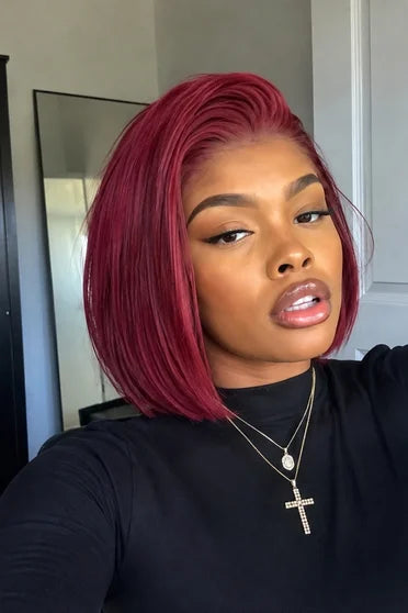 99J Burgundy Straight Short Bob 13x4 Lace Front Wig – Crown Strand, side profile
